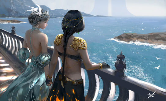 Обои на рабочий стол Princess Yan (Yan Haiqin) / Принцесса Ян и Принцесса Aeolian любуются морским пейзажем, персонажи из веб комикса GhostBlade / Призрачный Клинок, ву wlop