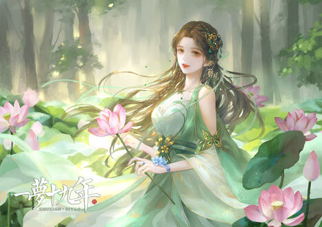 Обои на рабочий стол Bi Yao держит в руках цветок лотоса, персонаж из игры Jade Dynasty (Zhu Xian)