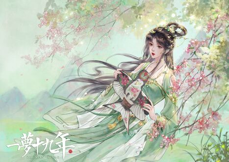 Обои на рабочий стол Bi Yao стоит под ветвями цветущего дерева, персонаж из игры Jade Dynasty (Zhu Xian)