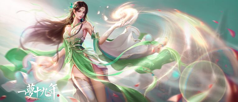 Обои на рабочий стол Bi Yao в красивом зеленом платье, персонаж из игры Jade Dynasty (Zhu Xian)