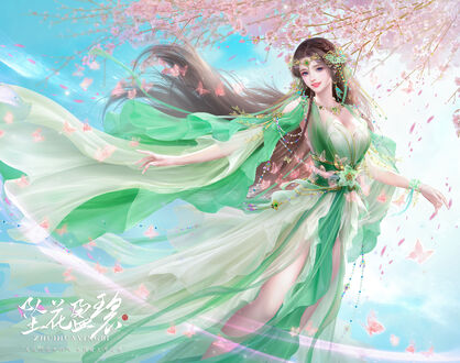 Обои на рабочий стол Bi Yao под цветущими ветвями сакуры, персонаж из игры Jade Dynasty (Zhu Xian)