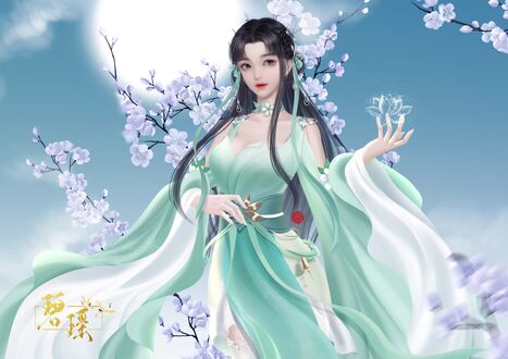 Обои на рабочий стол Bi Yao на фоне неба возле цветущих ветвей, персонаж из игры Jade Dynasty (Zhu Xian)