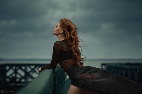 Обои на рабочий стол Модель Lena Zemanova / Лена Земанова в черном прозрачном платье стоит на набережной