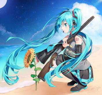Обои на рабочий стол Vocaloid Hatsune Miku / Вокалоид Хатсунэ Мику на пляже с оружием, присела рядом с подсолнухом у моря