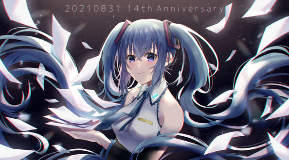 Обои на рабочий стол Vocaloid Hatsune Miku / Вокалоид Хатсунэ Мику мило улыбается, среди бумаг