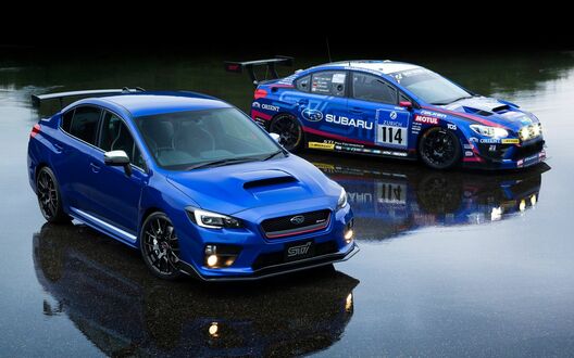 Обои на рабочий стол Subaru WRX STI Нюрбургринг стоят на мокром асфальте