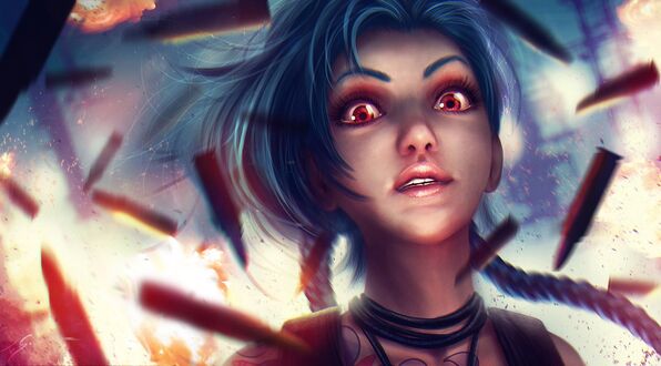 Обои на рабочий стол Джинкс / Jinks из игры Лига Легенд / League of Legends с красными глазами, рука подбрасывающая гранату, работа JiNX: Bang Bang Galore - League of Legen / человек, приносящий несчастье: Изобилие Удара Удара - Лига Legen, автор Eddy-Shinjuku