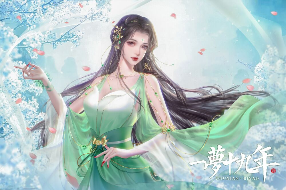 Обои для рабочего стола Bi Yao в красивом светло зеленом платье, персонаж из игры Jade Dynasty (Zhu Xian)