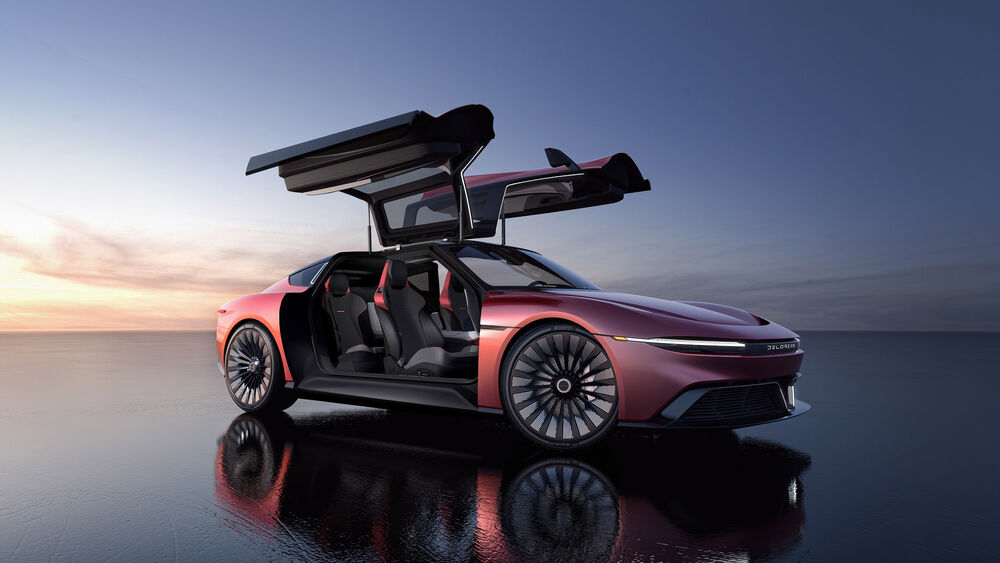 Обои для рабочего стола Концепт DeLorean Alpha 5 в красном цвете с открытыми дверьми на фоне неба