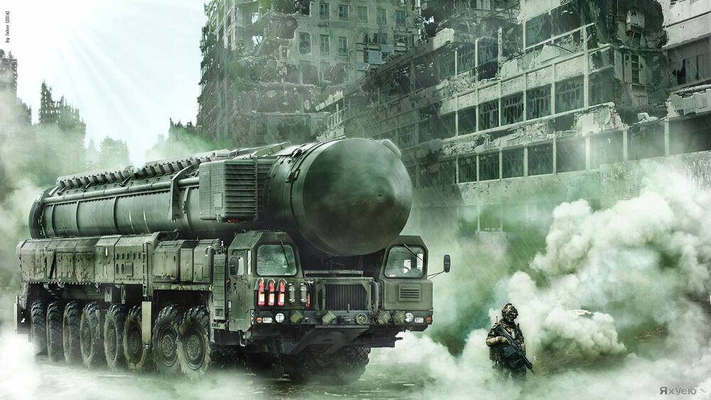Обои для рабочего стола Российская самоходная пусковая установка на улицах разрушенного города