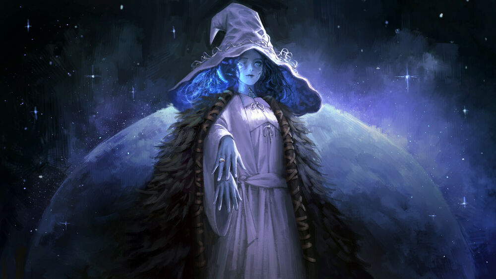 Обои для рабочего стола Девушка - ведьма Ранни из игры Elden Ring в широкополой шляпе на фоне луны