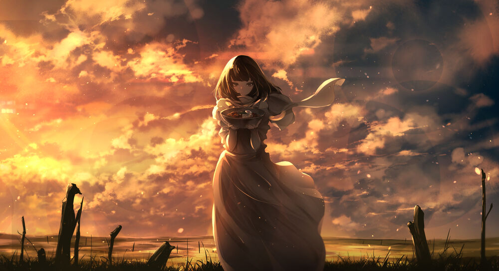 Обои для рабочего стола Девушка в длинном платье с тарелкой в руках стоит на фоне облачного неба