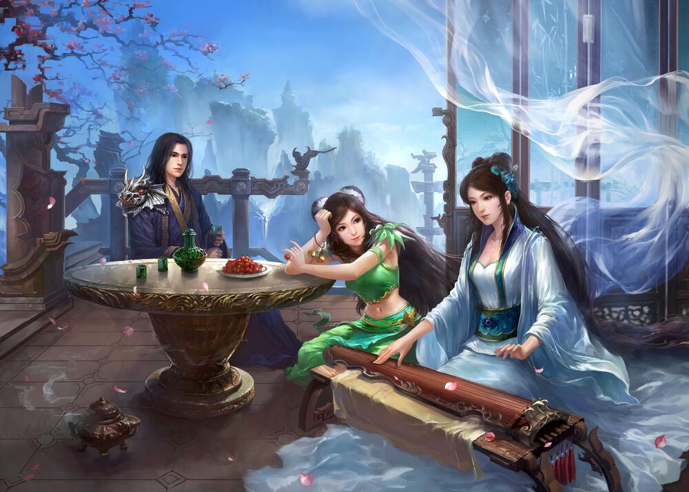 Обои для рабочего стола Герои игры Jade Dynasty наслаждаются музыкой девушки в белом кимоно