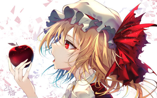 Обои на рабочий стол Фландре Скарлет / Flandre Scarlet из игры Touhou Project / Проект Восток / Тохо собирается откусить от яблока
