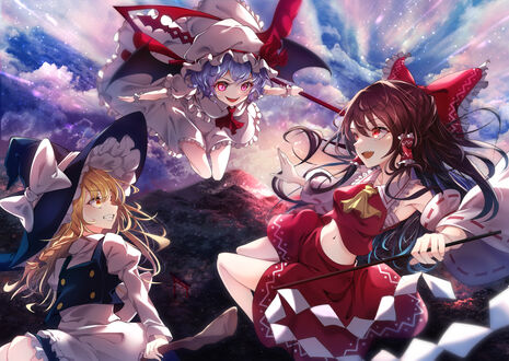 Обои на рабочий стол Marisa Kirisame / Мариса Кирисаме, Reimu Hakurei / Рейму Хакурей и Remilia Scarlet / Ремилия Скарлет из игры Проект Восток / Touhou Project