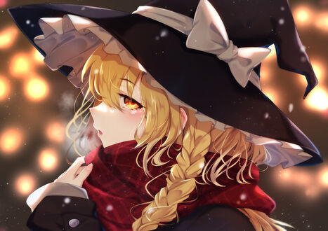 Обои на рабочий стол Marisa Kirisame / Мариса Кирисаме из игры Проект Восток / Touhou Project под падающим снегом