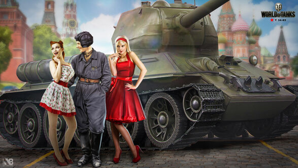 Обои на рабочий стол Две девушки рядом с танкистом у танка (World of Tanks)