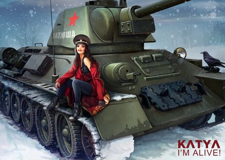 Обои на рабочий стол Девушка в фуражке и красном пальто сидит на танке со звездой и надписю катюша (Katya IM LIVE)