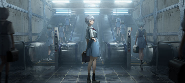 Обои на рабочий стол Множество Рей Аянами / Rei Ayanami из аниме Евангелион нового поколения / Neon Genesis Evangelion в метро