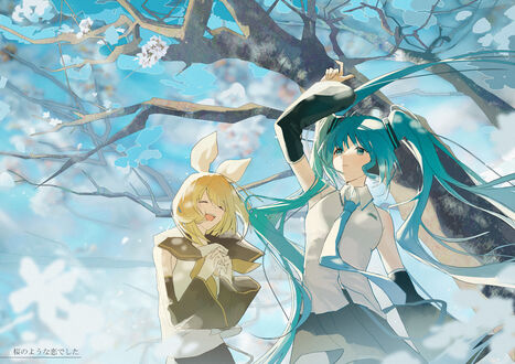 Обои на рабочий стол Vocaloid Hatsune Miku / Вокалоид Хатсунэ Мику и Vocaloid Kagamine Rin / Вокалоид Кагамине Рин стоят под цветусей сакурой