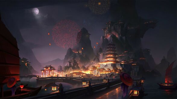 Обои на рабочий стол Город в горе, люди смотрят на фейерверки в ночном небе