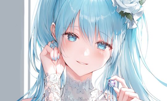 Обои на рабочий стол Vocaloid Hatsune Miku / Вокалоид Хатсунэ Мику с белым цветком розы в волосах