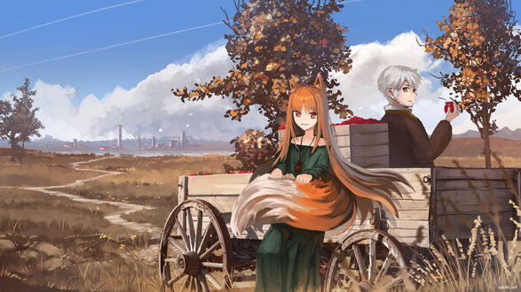 Обои на рабочий стол Horo / Хоро и Крафт Лоуренс / Kraft Lawrence из аниме Spice and Wolf / Волчица и пряности