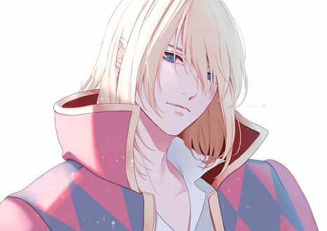Обои на рабочий стол Светловолосый голубоглазый Howl / Хаул из аниме Howl no Ugoku Shiro / Ходячий замок на белом фоне