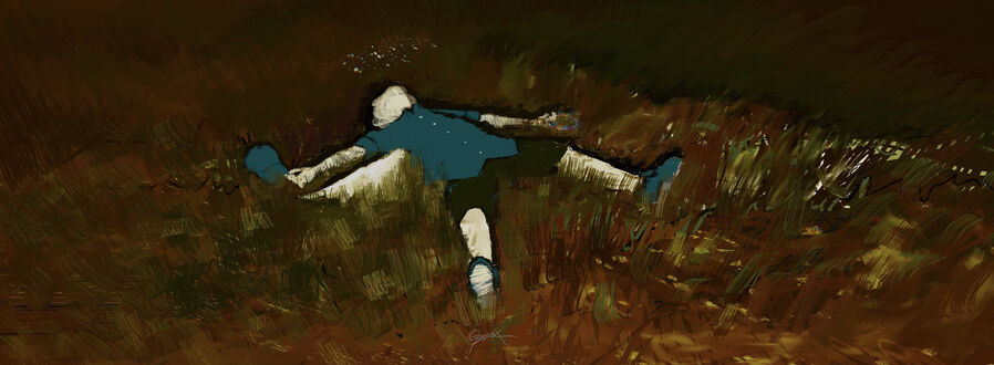 Обои на рабочий стол Ангел лежит в траве, держа нимб в одной руке и кепку в другой