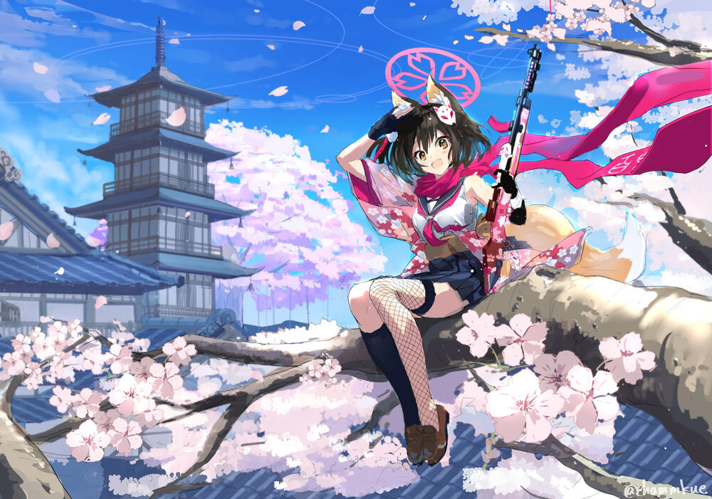 Обои для рабочего стола Izuna / Изуна из игры Blue Archive с оружием в руке сидит на ветке цветущего дерева