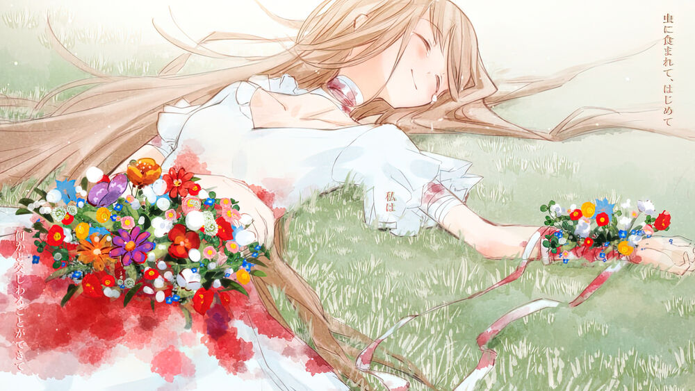 Обои для рабочего стола Девушка в белой блузе и юбке лежит на траве с цветами в руке
