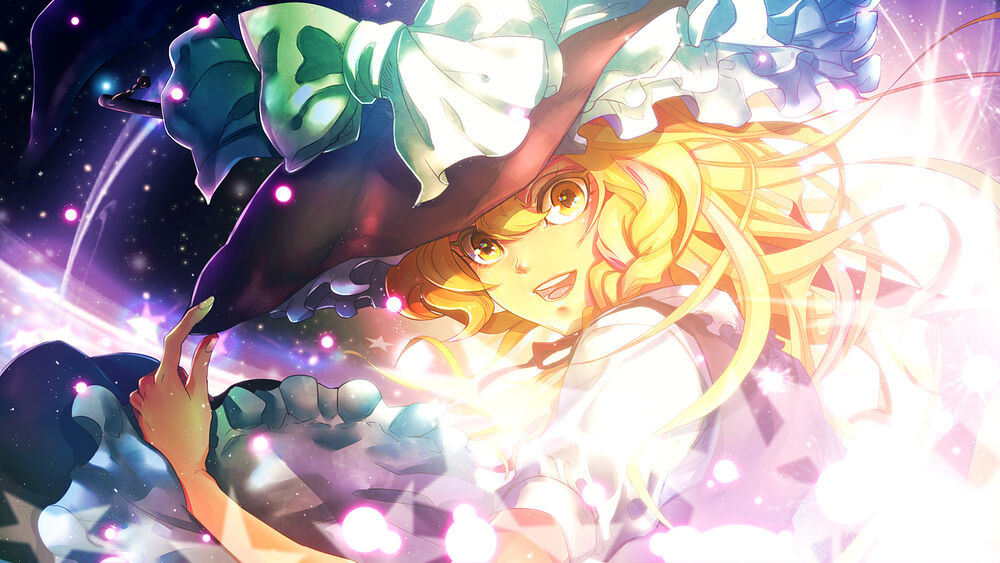 Обои для рабочего стола Веселая Marisa kirisame / мариса в сиянии огоньков из игры Touhou project / проект Восток