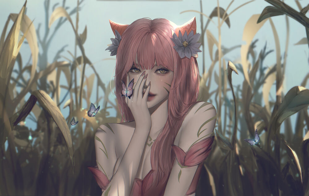 Обои для рабочего стола Ahri с цветами в волосах и бабочкой на руке из игры League of Legends