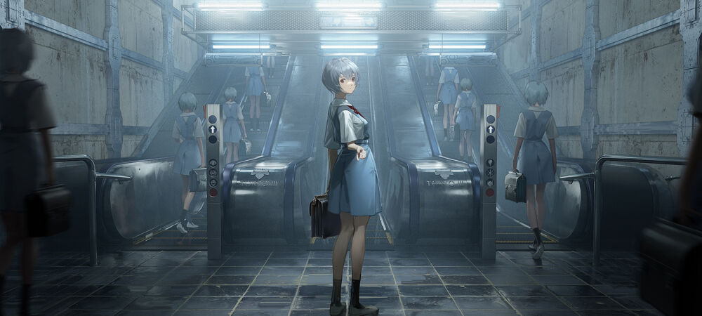 Обои для рабочего стола Множество Рей Аянами / Rei Ayanami из аниме Евангелион нового поколения / Neon Genesis Evangelion в метро