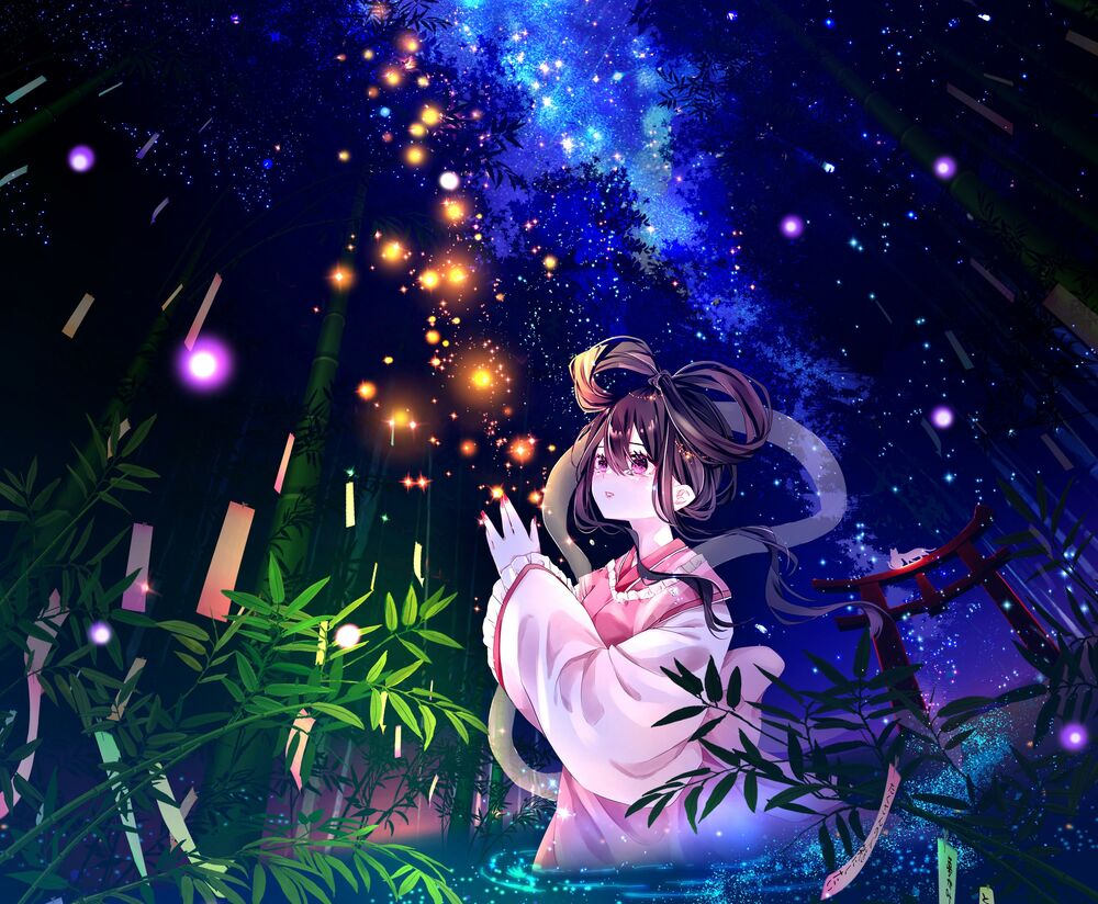 Обои для рабочего стола Девушка стоит в воде в праздник Танабата на фоне ночного неба с млечным путем, над ее руками светятся светлячки
