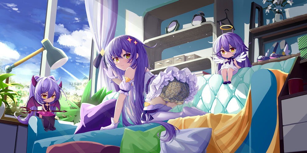 Обои для рабочего стола Sirin / Сирин сидит на кровати, рядом с ней ангелок и демон, из мобильной игры Honkai Impact
