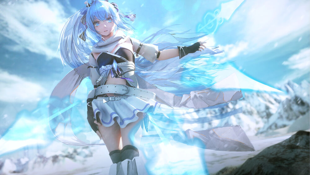 Обои для рабочего стола Голубоглазая с длинными голубыми волосами Shigure Kira на фоне неба с облаками, из мобильной игры Houkai Gakuen