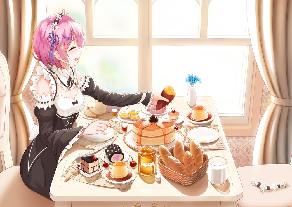 Обои для рабочего стола Ram / Рам за столом завтракает, из аниме Re:Zero kara Hajimeru Isekai Seikatsu / Re:Zero. Жизнь с нуля в альтернативном мире