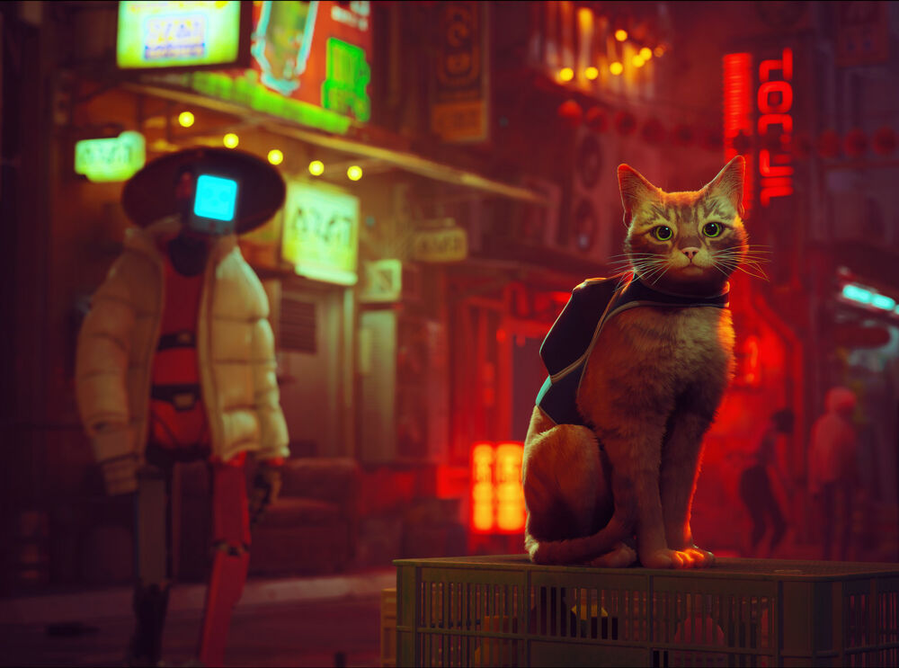 Обои для рабочего стола Рыжий зеленоглазый кот, в трущобах одного из городов, сидит на пластмассовом ящике, рядом, с неподалеку идущим местным жителем-роботом. / Из Игры STRAY, разработчика Annapurna Interactive
