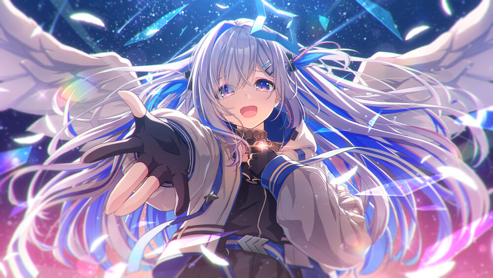 Обои для рабочего стола Amane Kanata с белыми крыльями за спиной, виртуальный ютубер Hololive