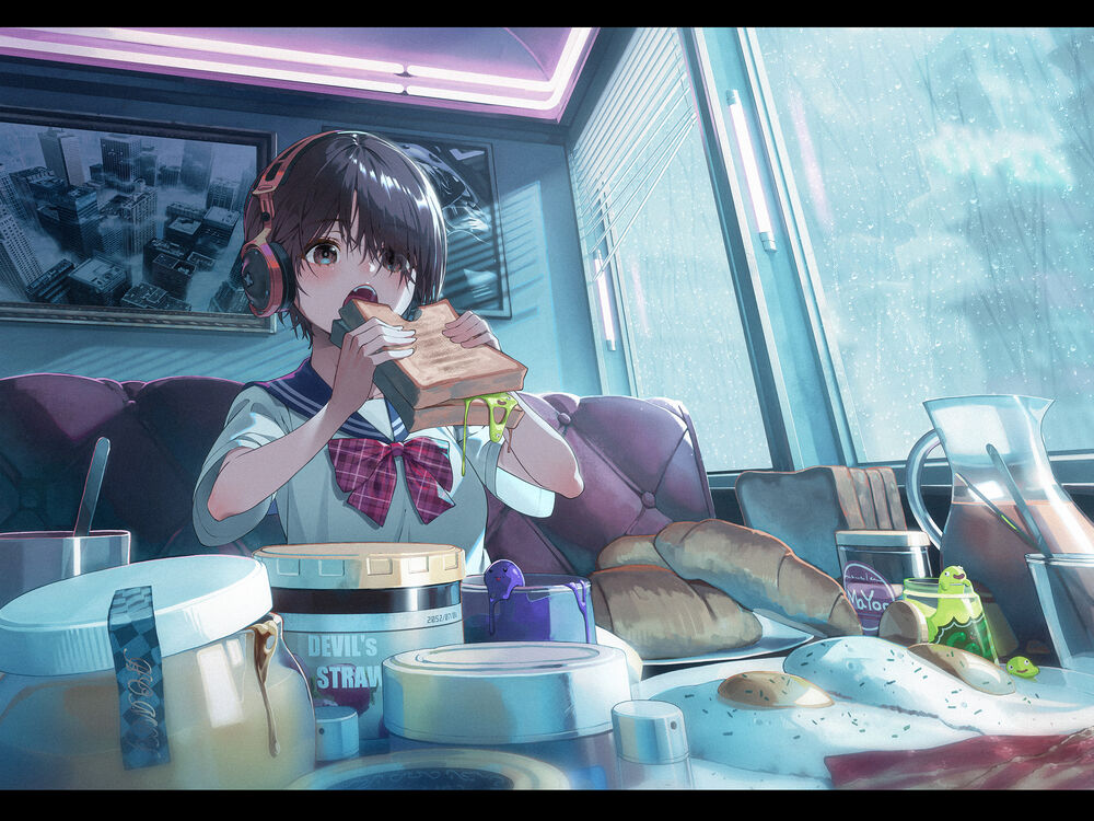 Обои для рабочего стола Девушка-школьница с короткой стрижкой, в наушника, ест большой бутерброд сидя за столом с едой в кафе, за окном идет ливень