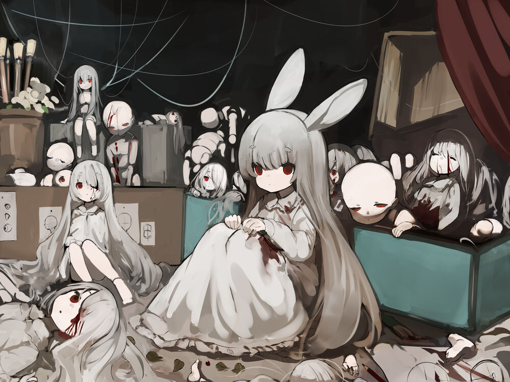 Обои для рабочего стола Длинноволосая с кроличьими ушками, в белом платье сидит среди кукол