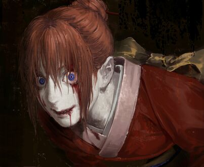 Обои на рабочий стол Кагура / Kagura из аниме Гинтама / Gintama с безумным взглядом и окровавленным лицом