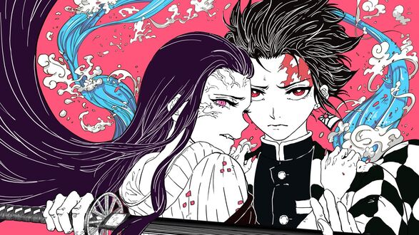 Обои на рабочий стол Обои Tanjirou Kamado and Kamado Nezuko / Тандзиро Камадо держит меч защищая сестру Незуко Камадо, из аниме Kimetsu no Yaiba / Клинок, рассекающий демонов