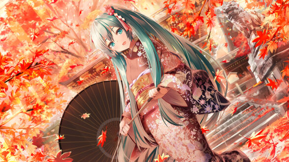 Обои на рабочий стол Vocaloid / Вокалоид Hatsune Miku / Хатсуне Мику / Мику Хацунэ в осеннем кимоно с зонтиком, среди осенних деревьев и листьев