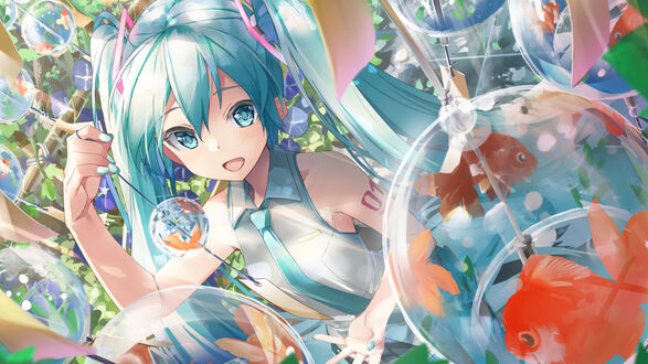 Обои на рабочий стол Vocaloid / Вокалоид Hatsune Miku / Хатсуне Мику / Мику Хацунэ среди шаров с золотыми рыбка внутри