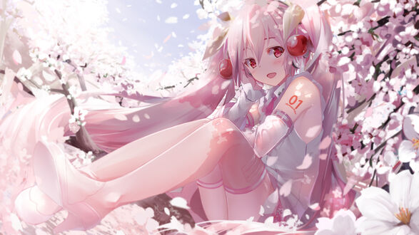 Обои на рабочий стол Vocaloid / Вокалоид Hatsune Miku / Хатсуне Мику / Мику Хацунэ сидит у сакуры