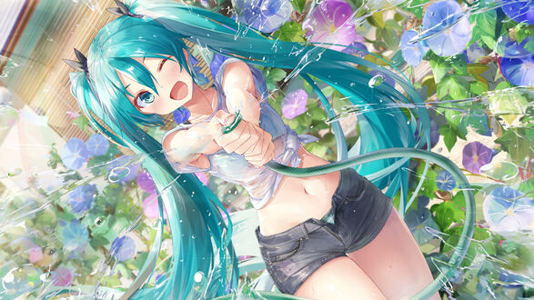 Обои на рабочий стол Vocaloid / Вокалоид Hatsune Miku / Хатсуне Мику / Мику Хацунэ с шлангом в руках