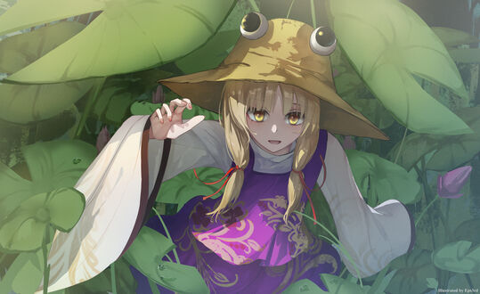 Обои на рабочий стол Moriya Suwako / Сувако Мория среди листы из серии игры Touhou Project / Проект Восток