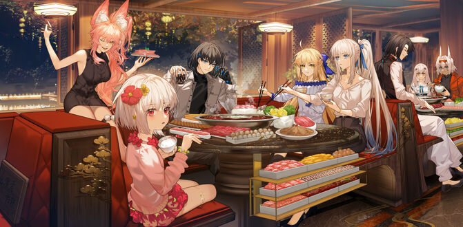 Обои на рабочий стол Alter Ego (Tamamo Vitch), Artoria Caster, Assassin (Kama), Caster (Fate / EXTRA), Hikari no Koyanskaya, Lancer (Caenis), Matou Sakura, Morgan le Fay, Pretender (Oberon), Rider (Taigong Wang), Saber (Fate / stay night) и Yousei-kishi Lancelot сидят за столом в кафе из игры Fate / Grand Order / Судьба / Великий приказ